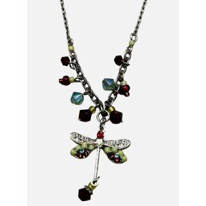 Firefly Jewelry Dragonfly Charm Necklace Beads Red Green Accents Silver READ NEW